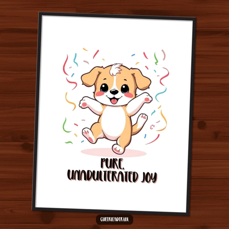 Funny Digital Art Print of a puppy cartwheeling amidst colorful streamers, offering instant joy and playful decor.