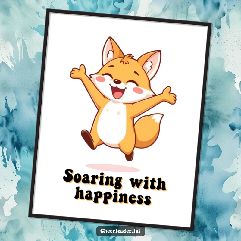 Funny digital art print of a lively fox in a triumphant leap, arms wide, radiating pure happiness, ideal for instant wall decoration.