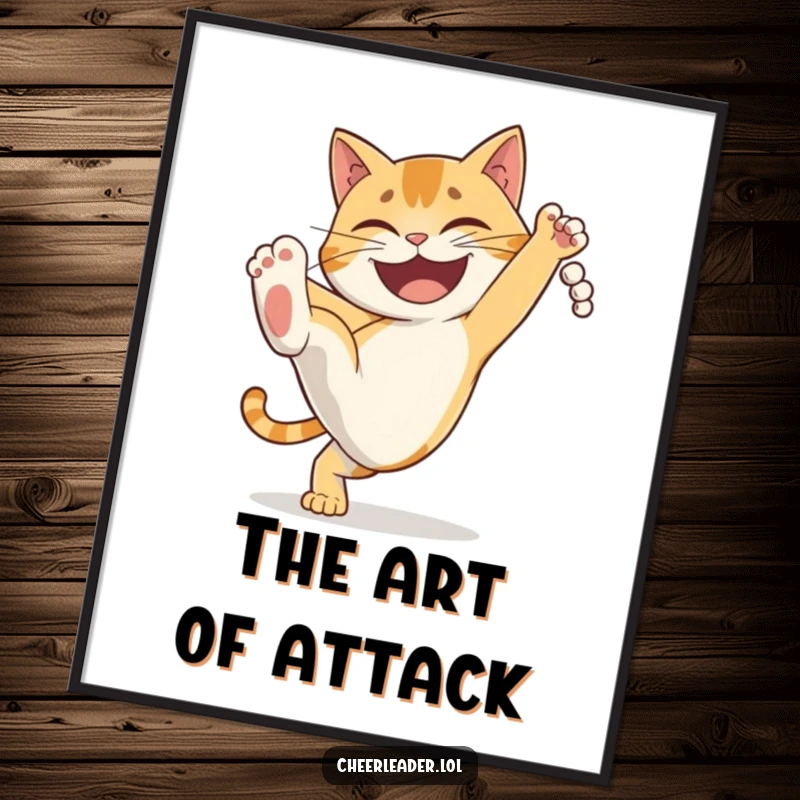 Funny determined cat performing a high kick with a grin, downloadable digital art print, humorous. A great gift idea.