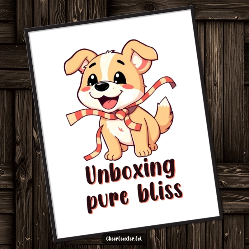 Funny Dog Digital Art Print: A smiling dog enthusiastically barks while shaking a striped ribbon, bringing festive celebration to your decor.