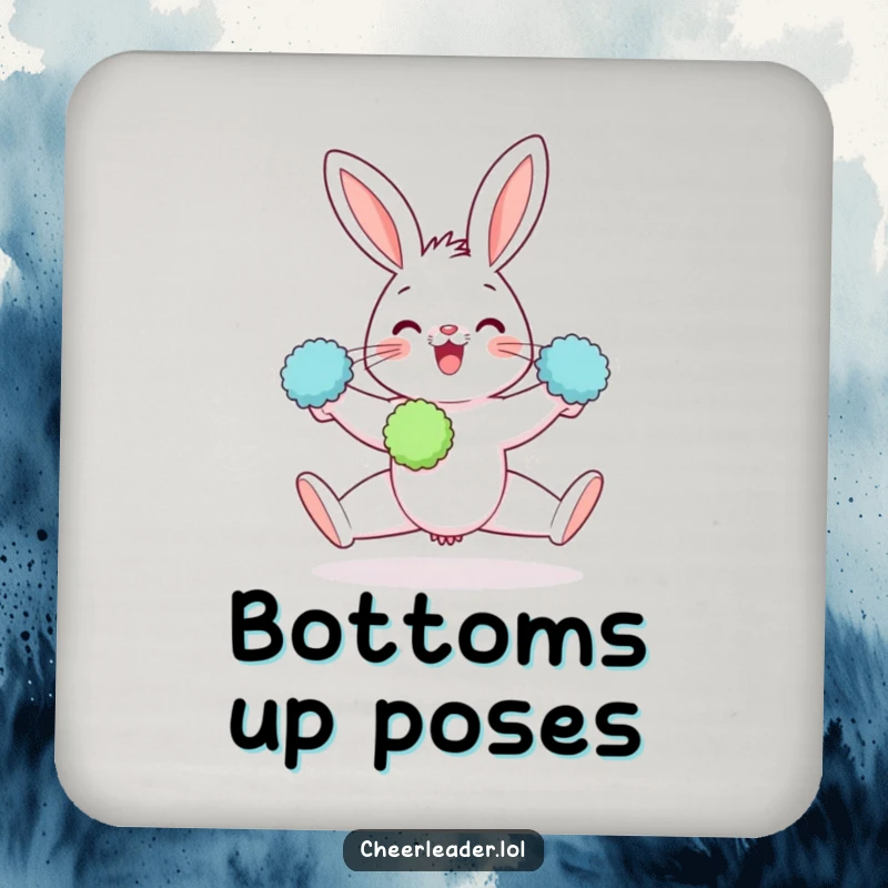 Funny drink coaster with a gleeful rabbit doing a split with pom-poms, protecting surfaces with style.