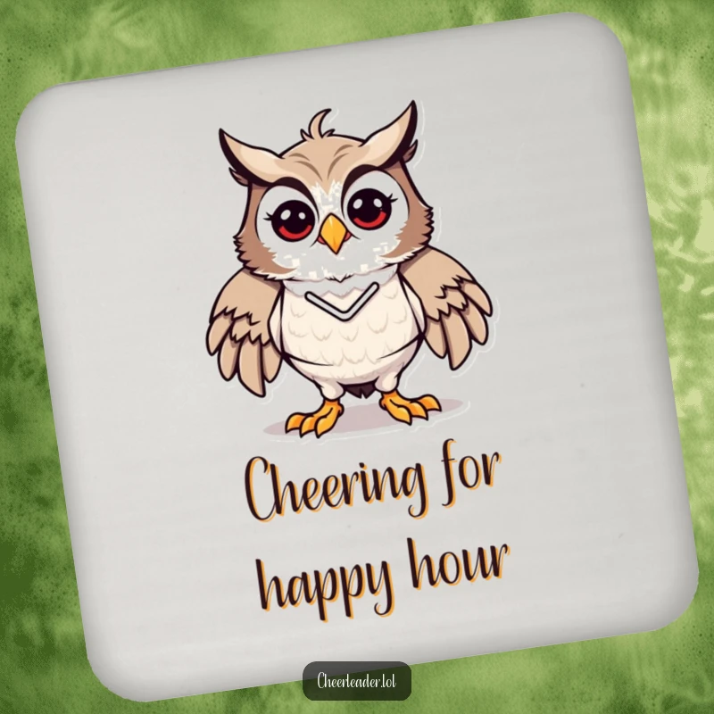 Funny drink coaster with a proud and energetic owl in a cheerleader pose, embodying spirit, a charming funny gift.