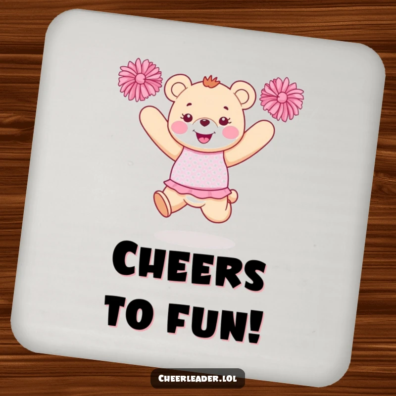 Funny bear cheerleader coasters with a happy bear in a sparkly uniform jumping with pom-poms, protecting furniture with humor.