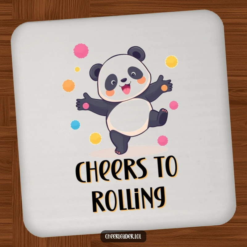 Funny Panda Cartwheel Drink Coaster: A playful panda performing a cartwheel with pom-poms, adding cute and funny protection.