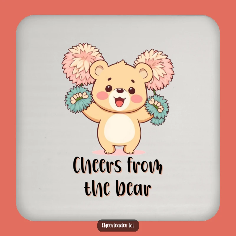 Funny Bear Cub Cheerleader Drink Coaster: Protect Surfaces with Happy Cub's Pom-Poms