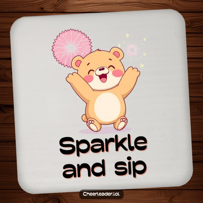 Funny drink coaster with a smiling bear cub tossing a giant sparkly pom-pom, protecting surfaces with joy.