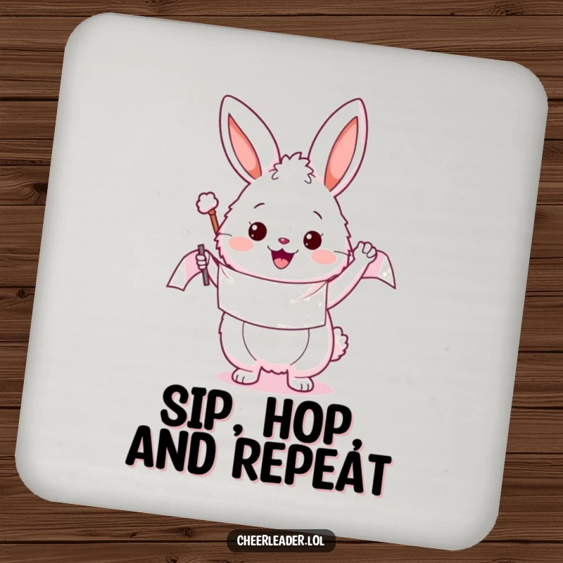 Funny drink coasters featuring a fluffy bunny enthusiastically waving a banner, protecting surfaces with cheerful whimsy and a touch of humor.