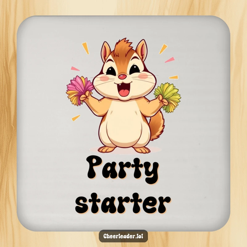 Funny chipmunk drink coaster set, protecting surfaces with enthusiasm, featuring a determined chipmunk with pom-poms.
