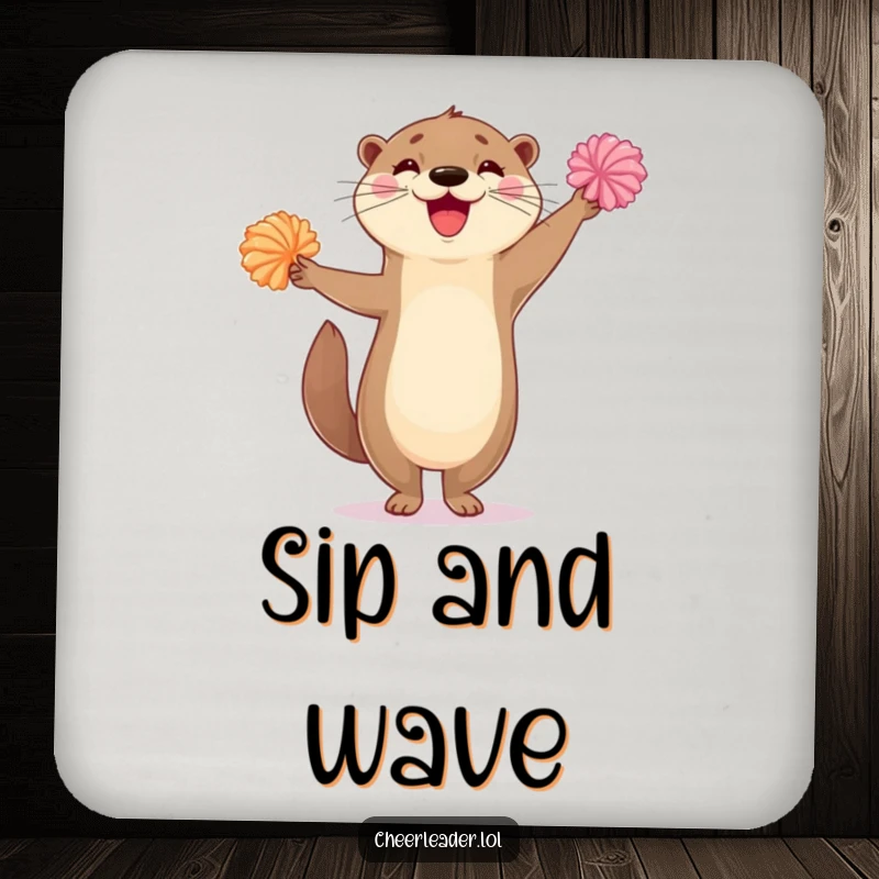 Funny drink coaster featuring a joyous otter standing on one leg, waving colorful pom-poms with enthusiastic, cheerful energy.