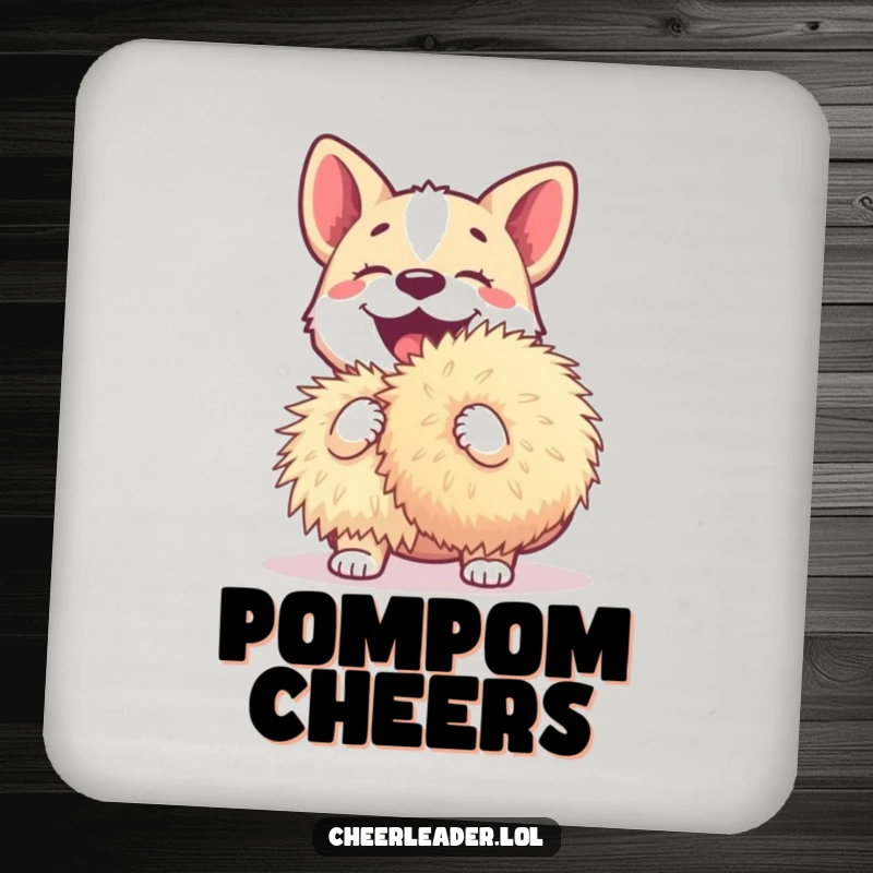 Funny dog coasters featuring a happy dog barking excitedly while holding a giant pom-pom, adding humor to your drinks.