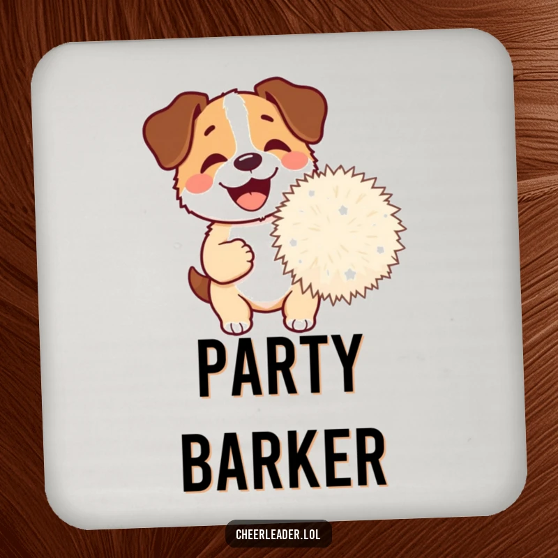 Funny Dog Pom-Pom Drink Coaster showing a happy dog barking, holding a giant pom-pom, adding functional fun.