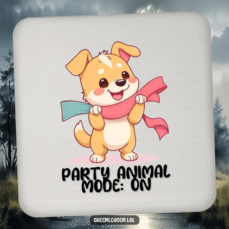 Funny drink coaster with a dog character gleefully shaking a ribbon, embodying pure canine happiness, a charming funny gift.