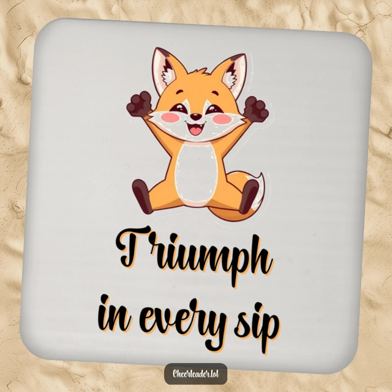 Funny drink coaster featuring a triumphant fox in a split jump with paws raised, celebrating, a charming funny gift.