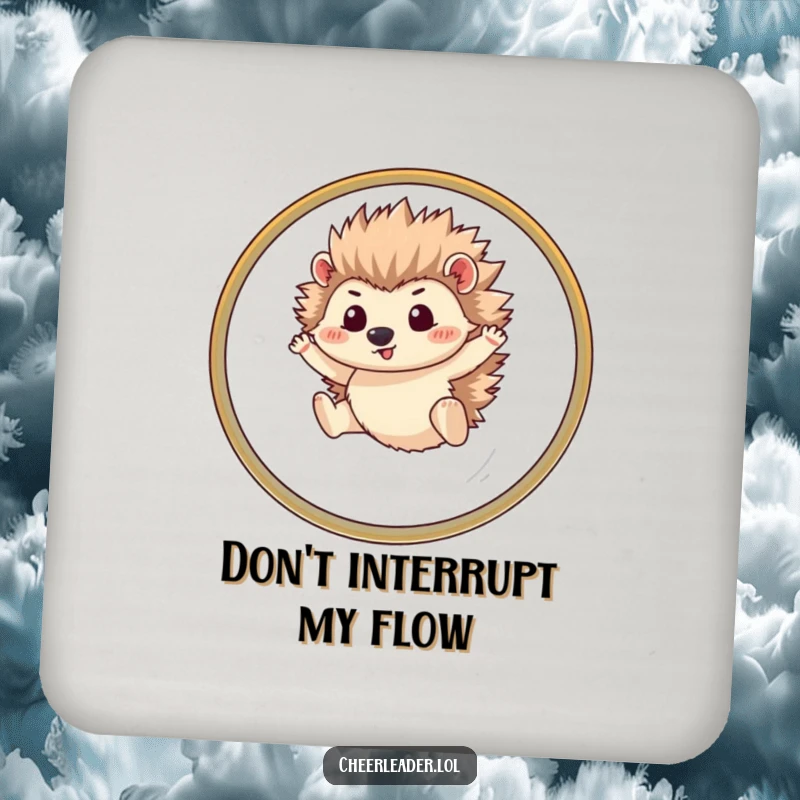 Funny hedgehog coasters depicting a determined pet leaping through a hoop, offering humorous protection for surfaces.