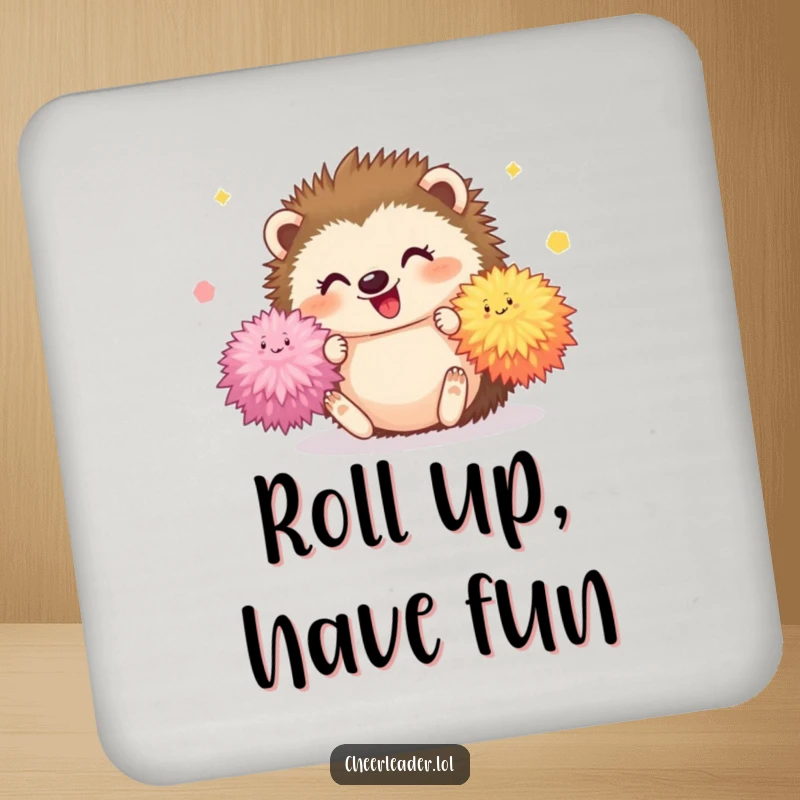 Funny Hedgehog Coaster with a happy hedgehog tumbling with bright pom-poms, cute humor for protecting surfaces.
