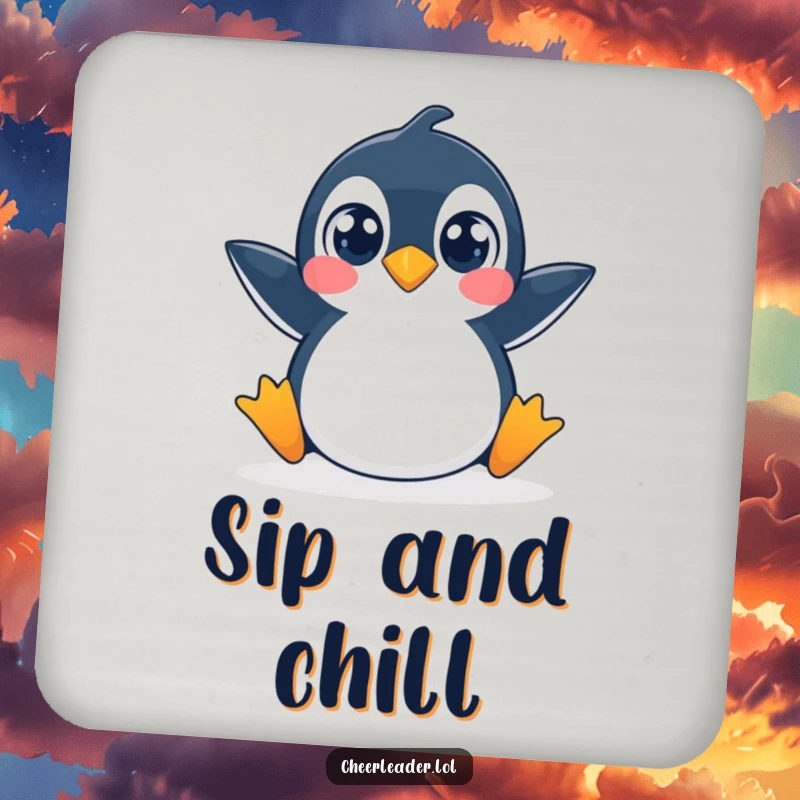 Funny drink coaster featuring a penguin in a wide-eyed, playful split.