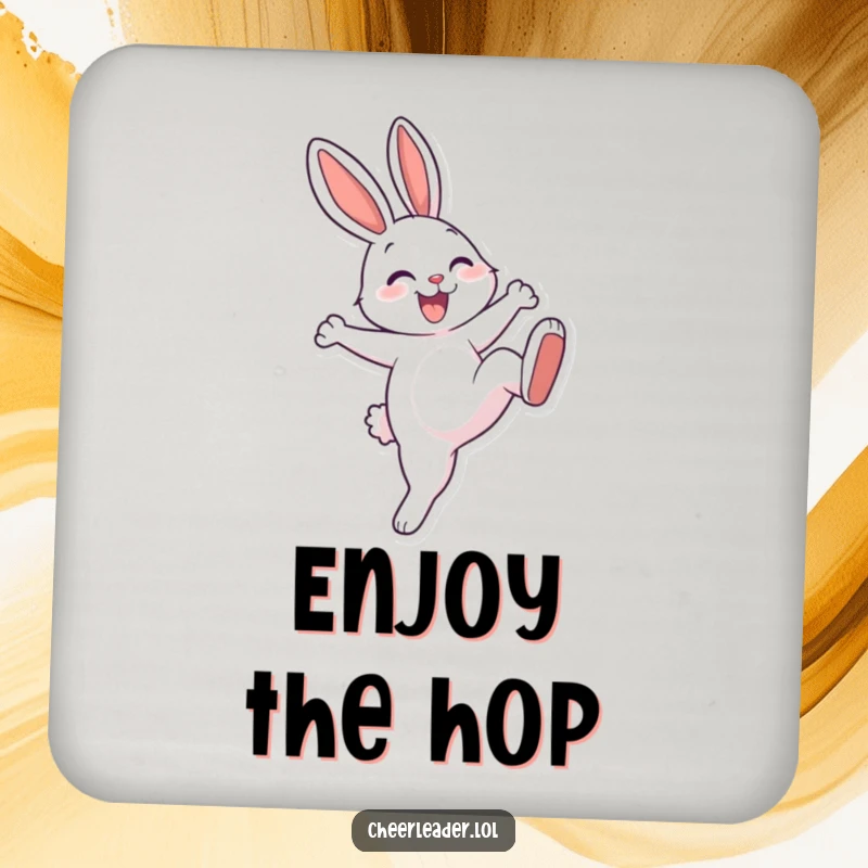 Funny, cheerful rabbit with a big smile performing a high kick on a coaster. Protects surfaces with humor.