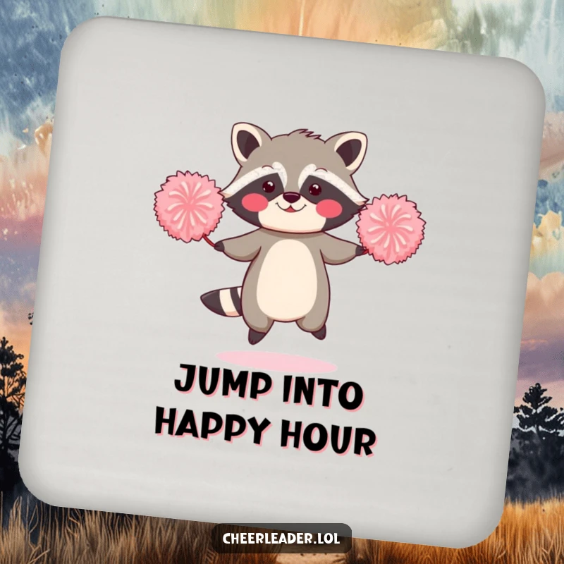 Funny drink coaster featuring a blushing raccoon jumping rope with two oversized pom-poms.