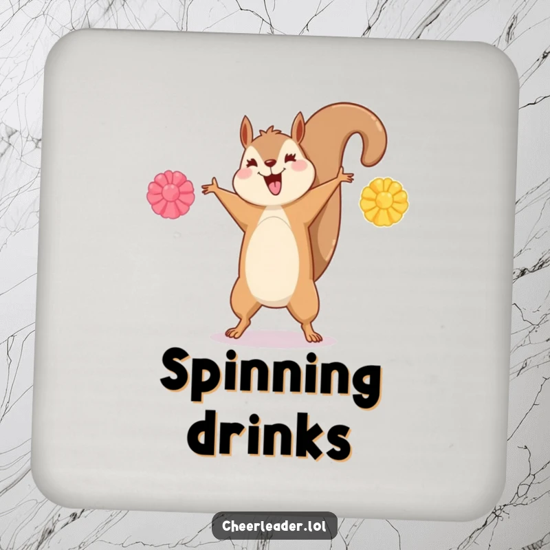Funny drink coaster showing a happy squirrel doing a cartwheel with pom-poms outstretched.