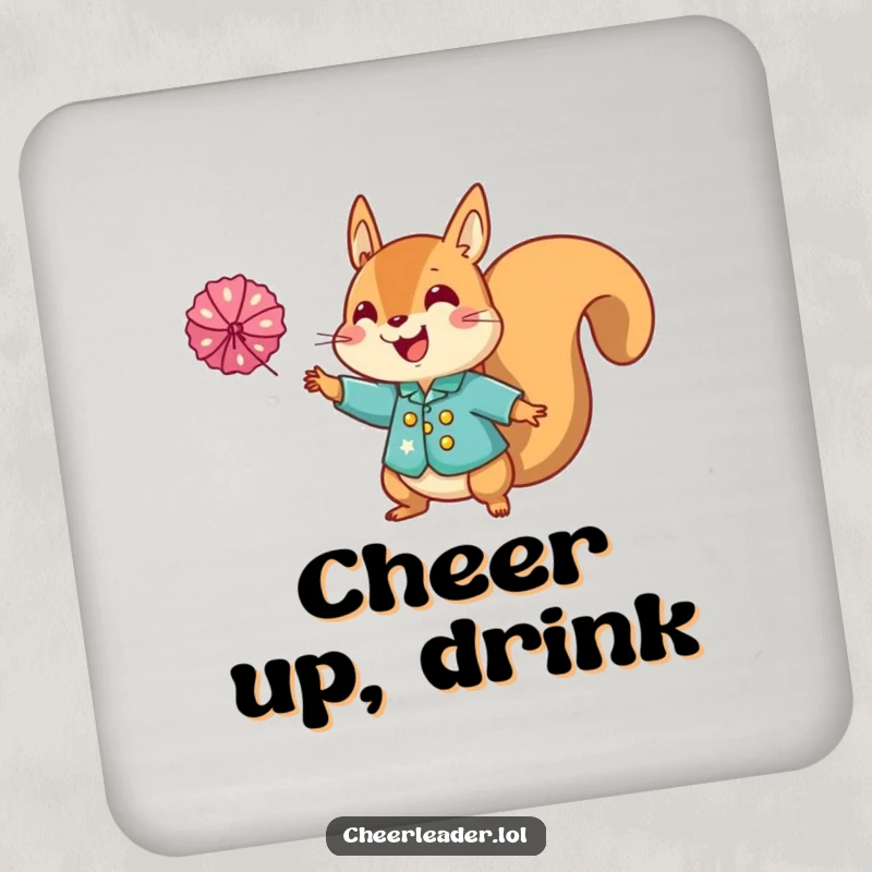 Funny squirrel cheerleader drink coaster, showing a squirrel in a sparkly uniform tossing a pom-pom with playful energy.