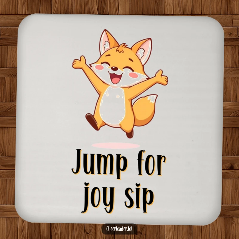 Funny drink coaster featuring a cheerful fox in a joyful leap, protecting surfaces with a dose of playful energy and charm.