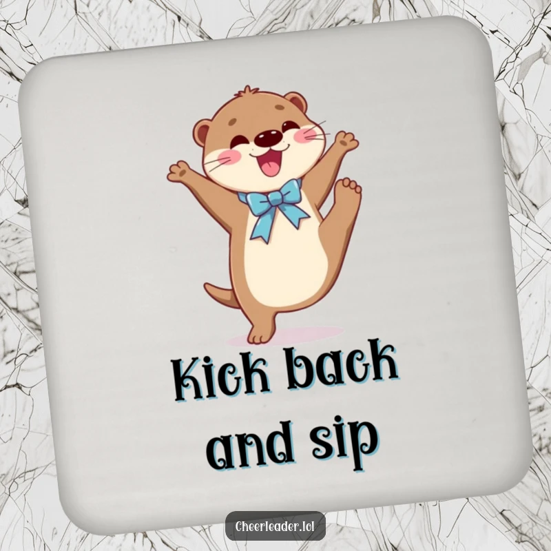 Funny drink coaster featuring a joyful otter wearing a ribbon, performing a high kick, adding a touch of performance art to any surface.
