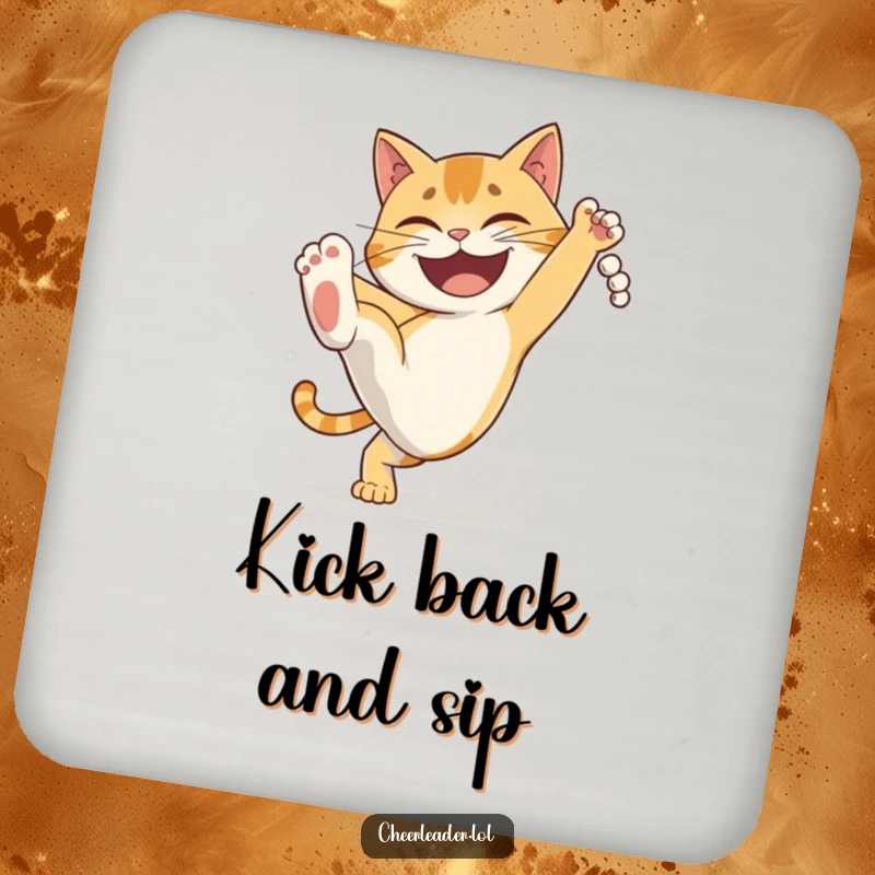 Funny determined cat performing a high kick with a grin, a humorous coaster for drink protection. Perfect gift.