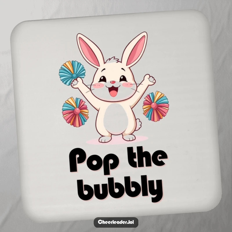 Funny happy rabbit cheering with pom-poms, on a drink coaster, cute animal graphic.