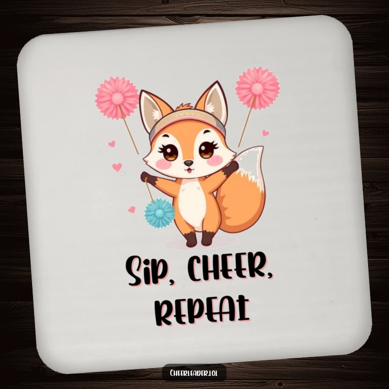 Funny fox cheerleader drink coaster, wearing a headband, waving pom-poms. Cute and functional table protection.