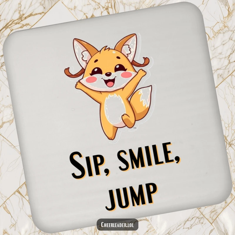 Funny fox pigtails drink coaster, showing a cheerful fox with pigtails joyfully jumping with a wide, infectious smile.