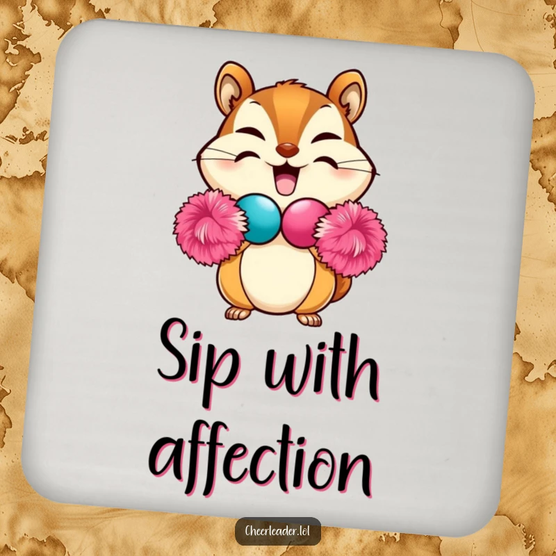 Funny Chipmunk Coaster with a beaming chipmunk forming a heart shape using two fluffy pom-poms, protecting surfaces with cute humor.