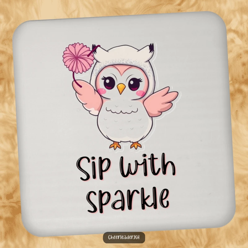 Funny smiling owl in a glittery costume, throwing a pom-pom on a coaster. Glamorous and functional protection.
