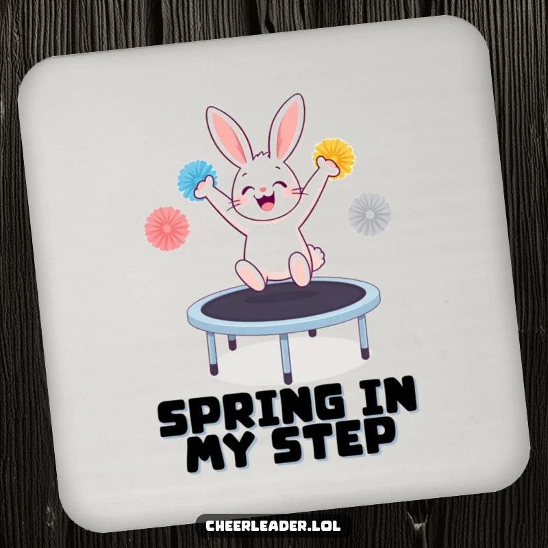 Funny bunny with pom-poms, enthusiastically jumping on a trampoline, featured on protective drink coasters.
