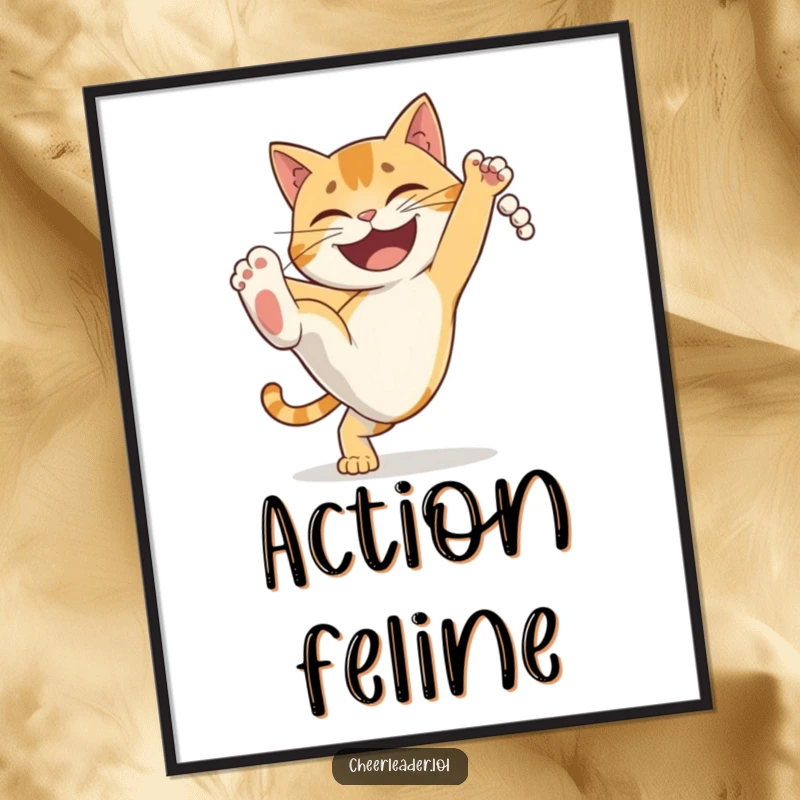 Funny determined cat doing a high kick with a grin, humorous wall art for martial artists. Perfect gift.