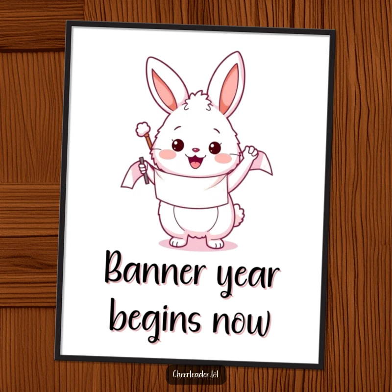 Funny poster of a fluffy bunny enthusiastically waving a colorful banner, bringing cheerful energy and whimsical charm to any wall space.