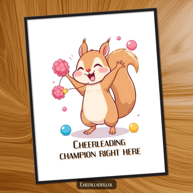 Funny poster of a giggling squirrel doing a cartwheel with pom-poms, radiating pure fun and energetic vibes, great for playful decor.