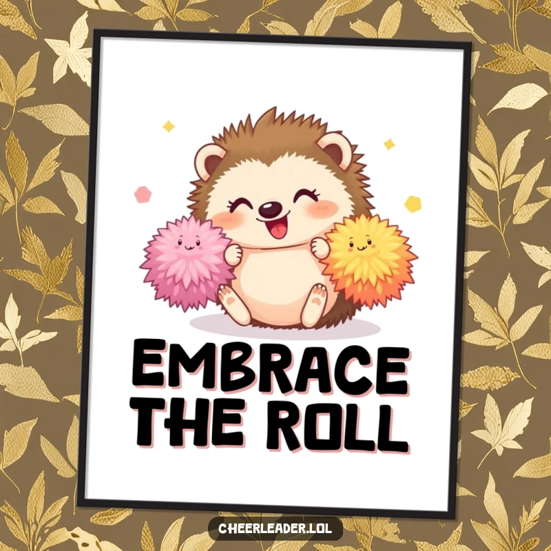 Funny Hedgehog Poster showing a happy hedgehog tumbling with fluffy pom-poms, cute and playful wall art for gifting.