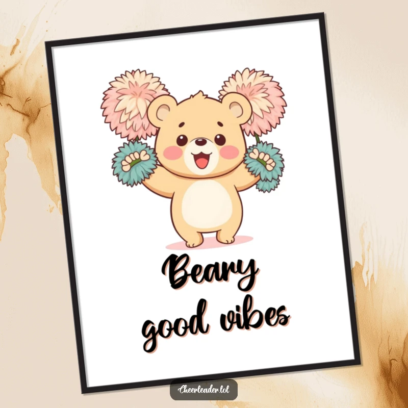 Funny poster of a happy bear cub enthusiastically waving large, fluffy pom-poms, creating an eye-catching piece of art full of joy.