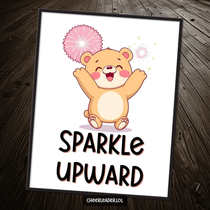 Funny poster art of a smiling bear cub tossing a giant sparkly pom-pom high, capturing pure playful joy.