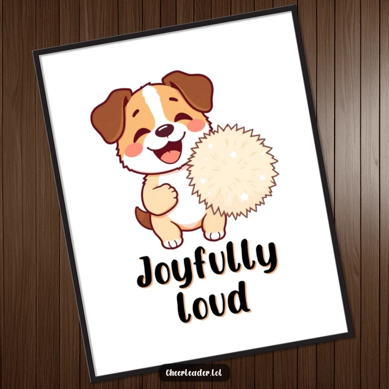 Funny Dog Pom-Pom Poster showing a happy dog barking excitedly, holding a giant pom-pom, guaranteed to bring smiles and joy.