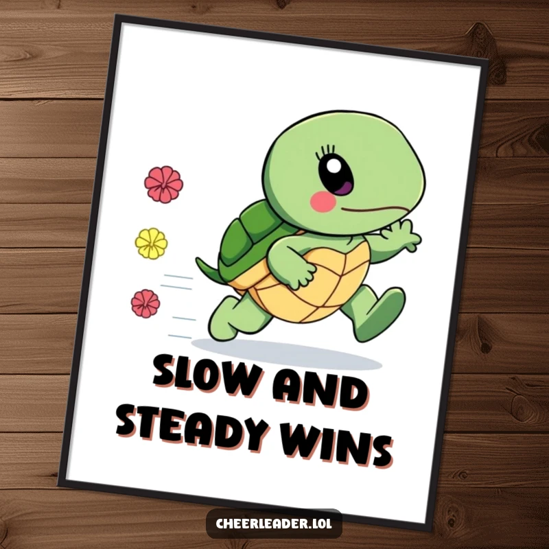 Funny poster illustration of a surprisingly fast turtle leaving a trail of pom-poms, celebrating speed with humor, perfect funny gift.
