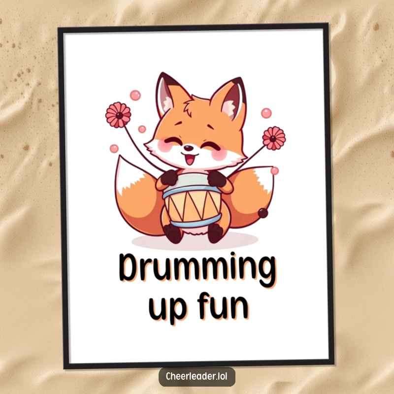 Funny fox playing a tiny drum with pom-poms, captured in an energetic composition for wall art.