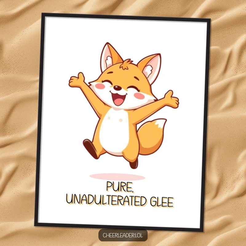 Funny poster artwork of a delighted fox executing a high leap with arms wide open, radiating pure happiness and playful exuberance.