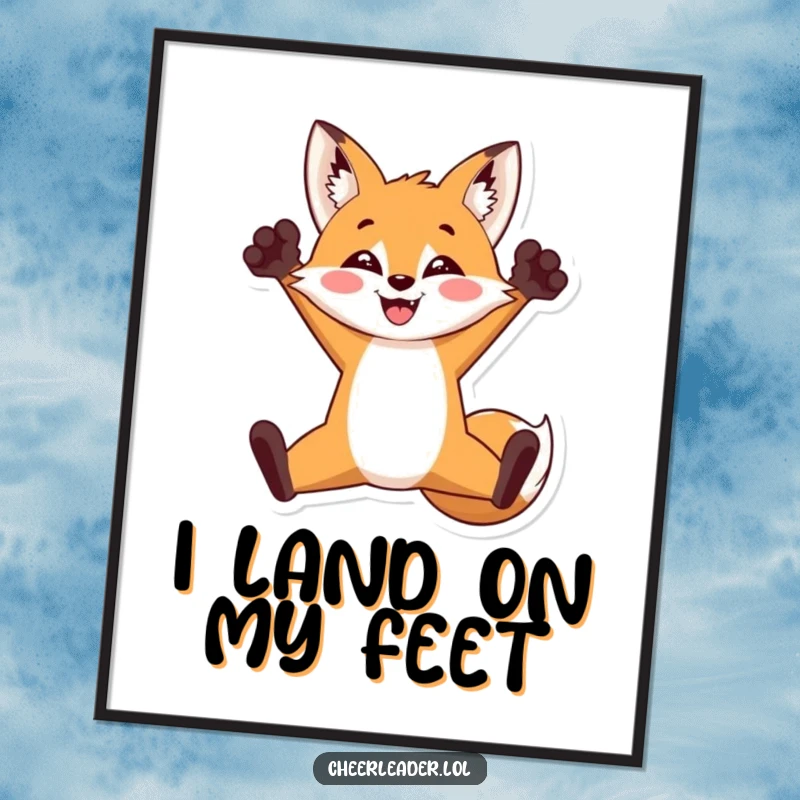 Funny poster illustration of a triumphant fox performing a split jump with paws in the air, celebrating a win with energy, perfect funny gift.