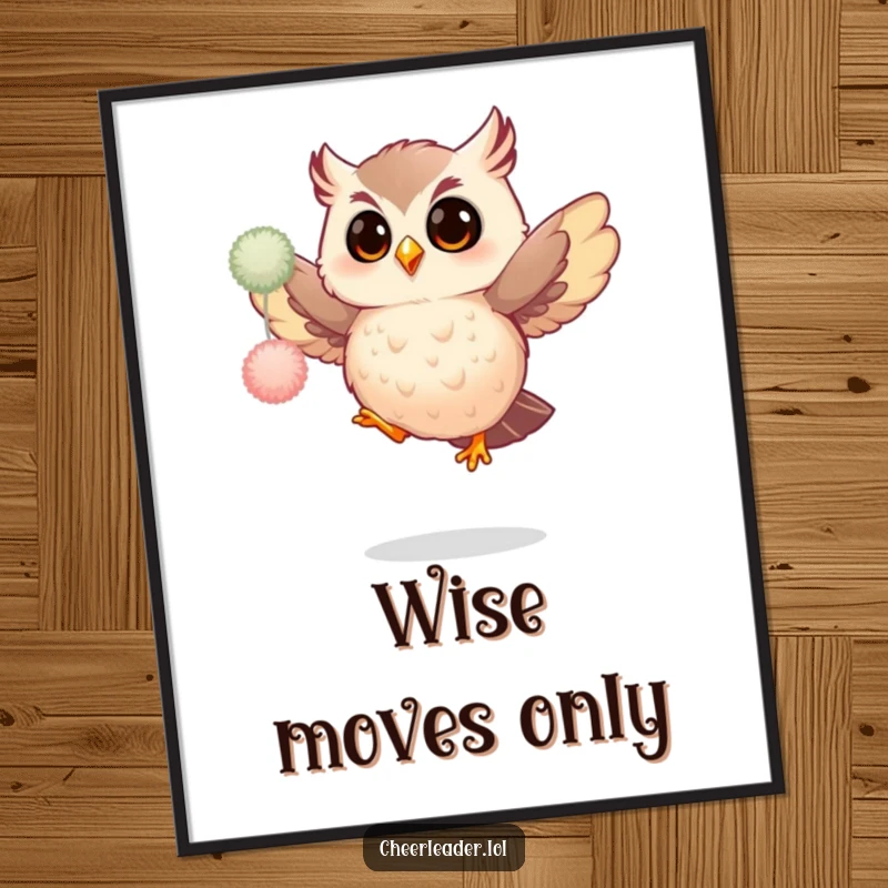 Funny wall poster print of a giggling owl mid-jump, shaking fluffy pom-poms, celebrating with enthusiastic, comical glee.