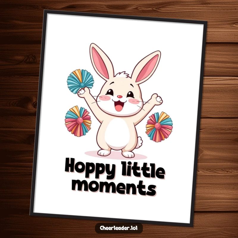 Funny happy rabbit cheering with pom-poms held high, smiling joyfully, framed poster art.