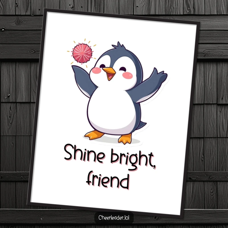 Funny poster featuring a penguin in a dynamic pose, mid-toss with a sparkly pom-pom, creating a sense of theatrical magic and playful energy.