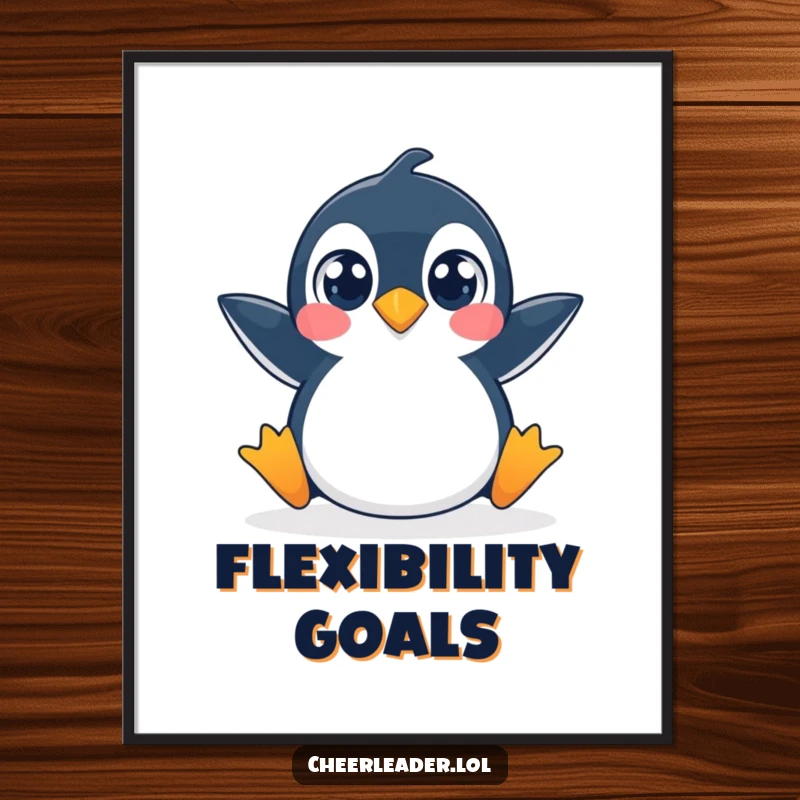 Funny poster art of a penguin performing a splits, eyes wide in a moment of playful surprise.
