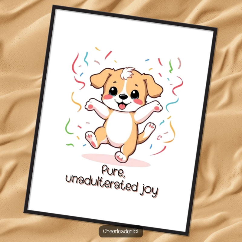 Funny Poster of a playful puppy executing a cartwheel amidst a shower of colorful streamers, radiating energy and happiness.