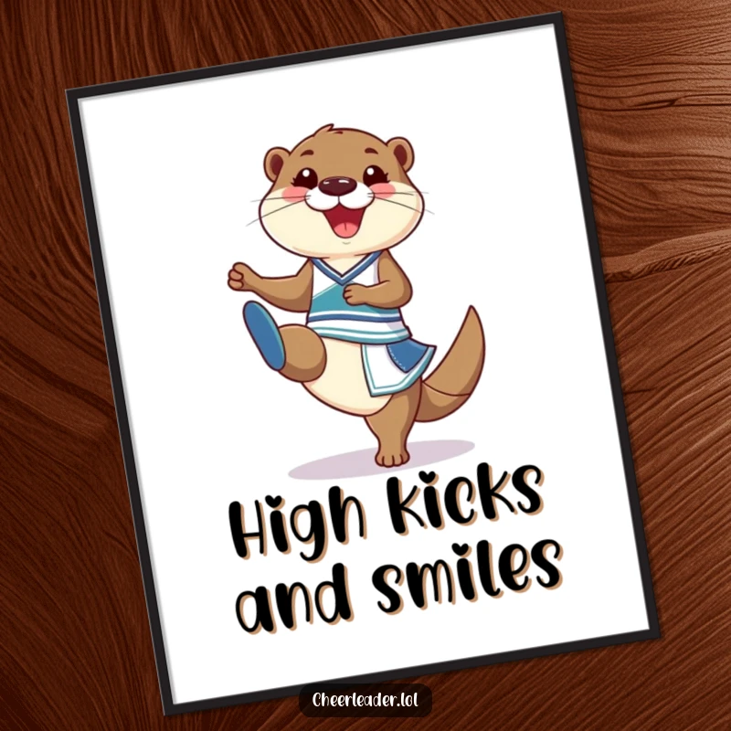 Funny Poster of a grinning otter in a cheerleader outfit executing a dynamic high kick, full of cheerful energy.